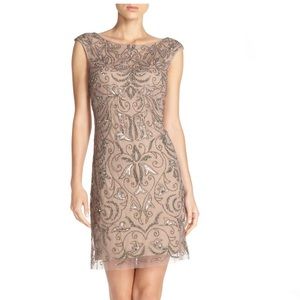Adrianna Papell Dress 8 NEW Buff Beaded Mesh $325